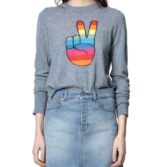 Zadig And Voltaire Womens Lirius Peace Sign Long Sleeve Sweater 100% Cashmere M - Picture 1 of 8